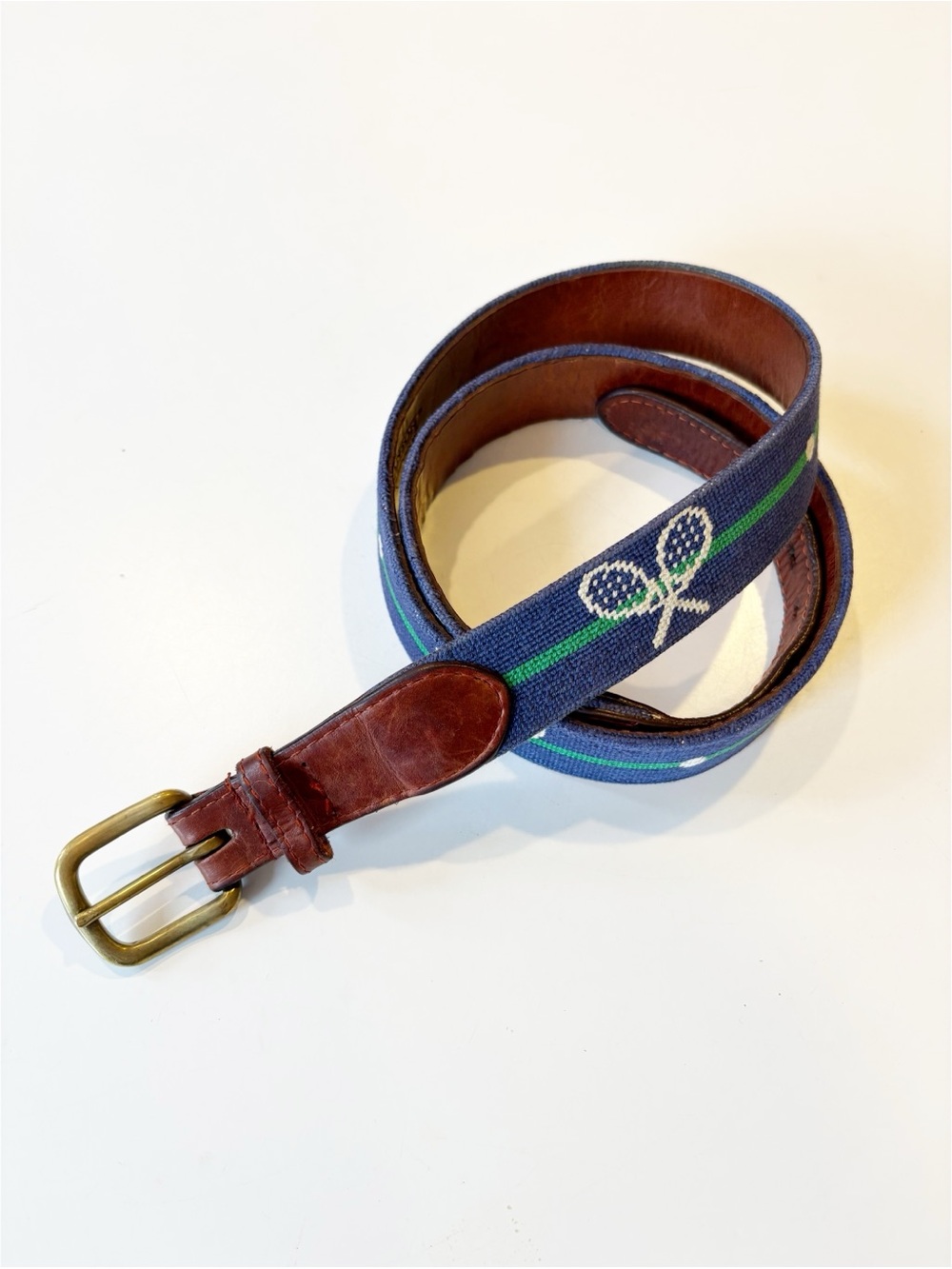Smathers & Branson || Tennis Crossed Rackets Needlepoint Belt Navy Blue Green 40